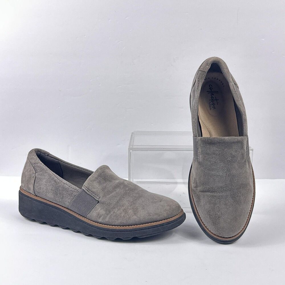 Clarks Sharon Dolly Shoes Womens 8.5 Gray Suede Slip On Loafers Platform Wedge